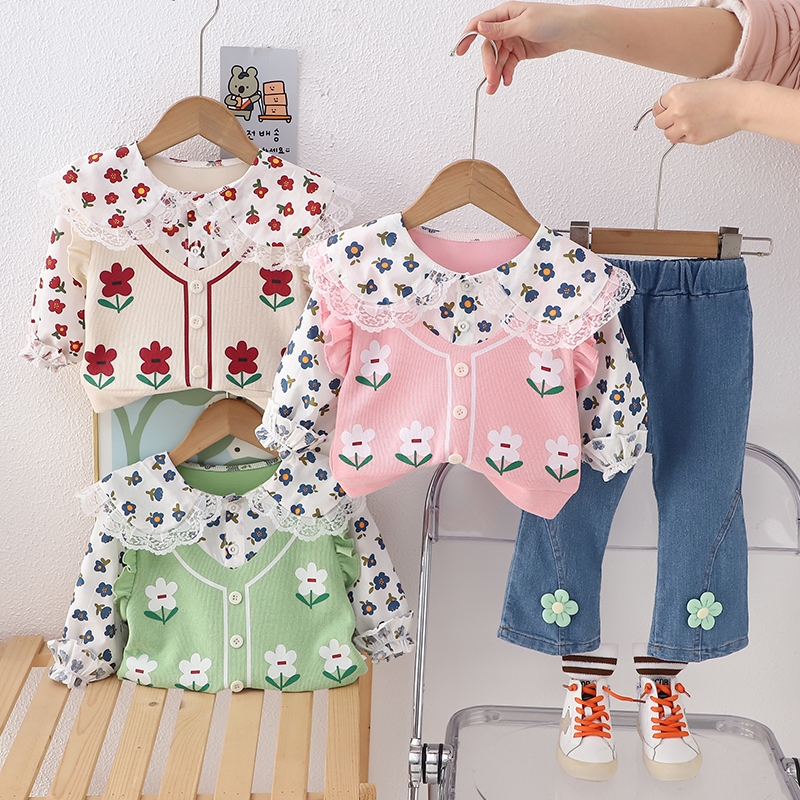 Joyfultots Pakaian Set Anak Perempuan 1-4T Kaos Dalam Lengan Gelembung Motif Floral + Vest Rajut Bor