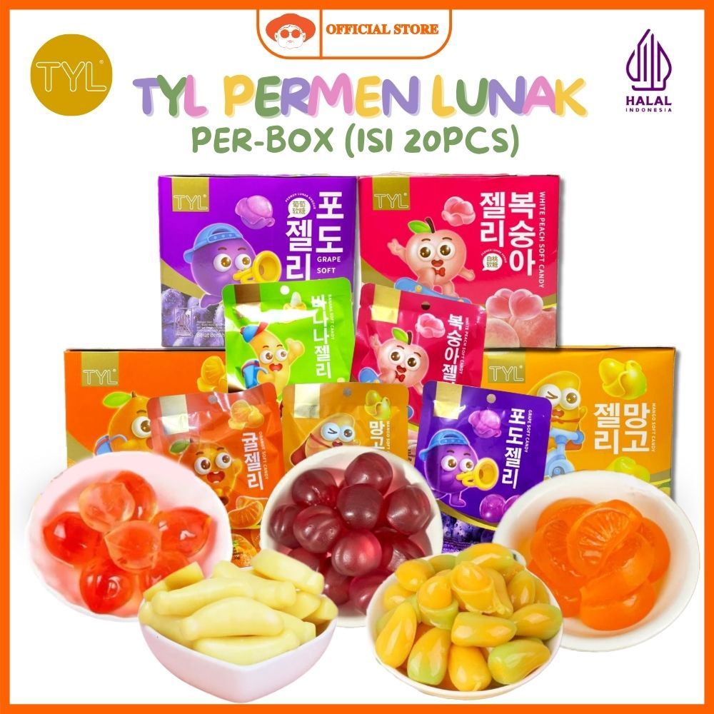 

TYL Permen Lunak Kupas (Per-Box) isi 20pcs x 20gr Rasa Buah Grape, Banana, Mango, Peach / Baopi Gummy Soft Candy