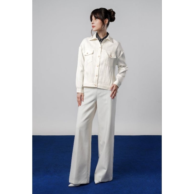 Benang Jarum Helga Pleated Denim Jacket - Off White - XS