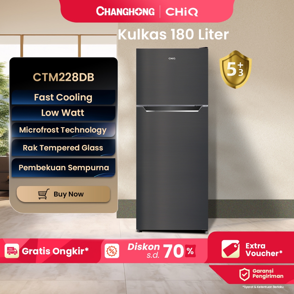 CHiQ KULKAS 2 PINTU 180L CTM228DB (Semi Auto Defrost) (Kapasitas Penyimpanan Besar) (Kombinasi Pendi