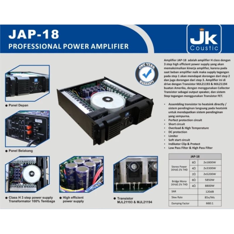 Power Amplifier JK Coustic JAP 18 Original 2X1800watt