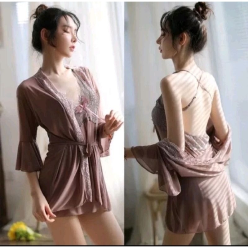 Set kimono piyama lingerie wanita 1set bahan adem