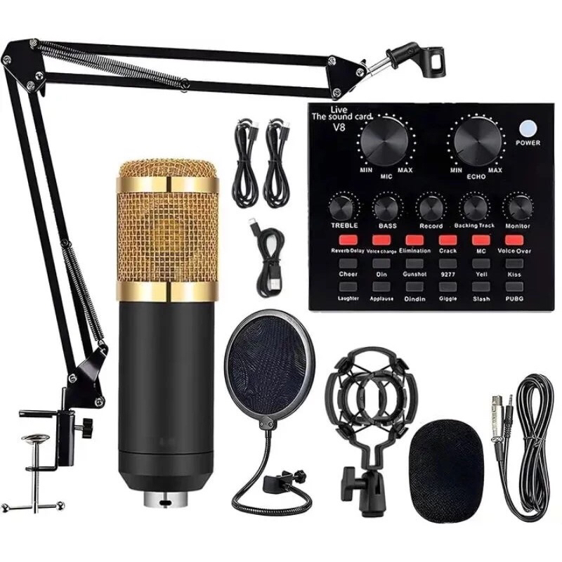 Microphone Bm 800+Stand mic jepit with soundcard V8 Bluetooth satu paket murah free Pop Filter