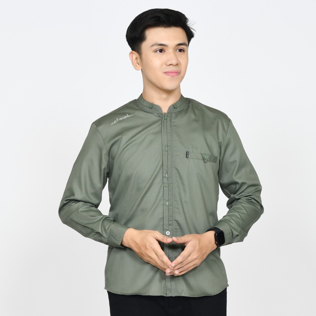 Baju Koko Pria Lengan Panjang Warna Sage Green Polos Motif Antasena Polos Original Elrumi