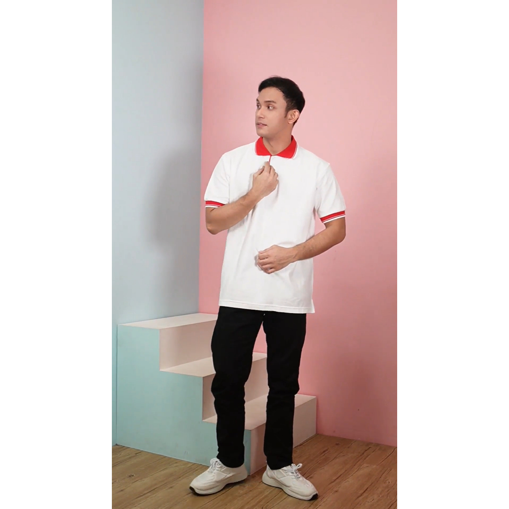 Kaos Poloshirt Polos Pria Wanita Berkerah Kancing Depan Manset Pendek | Putih kerah Merah