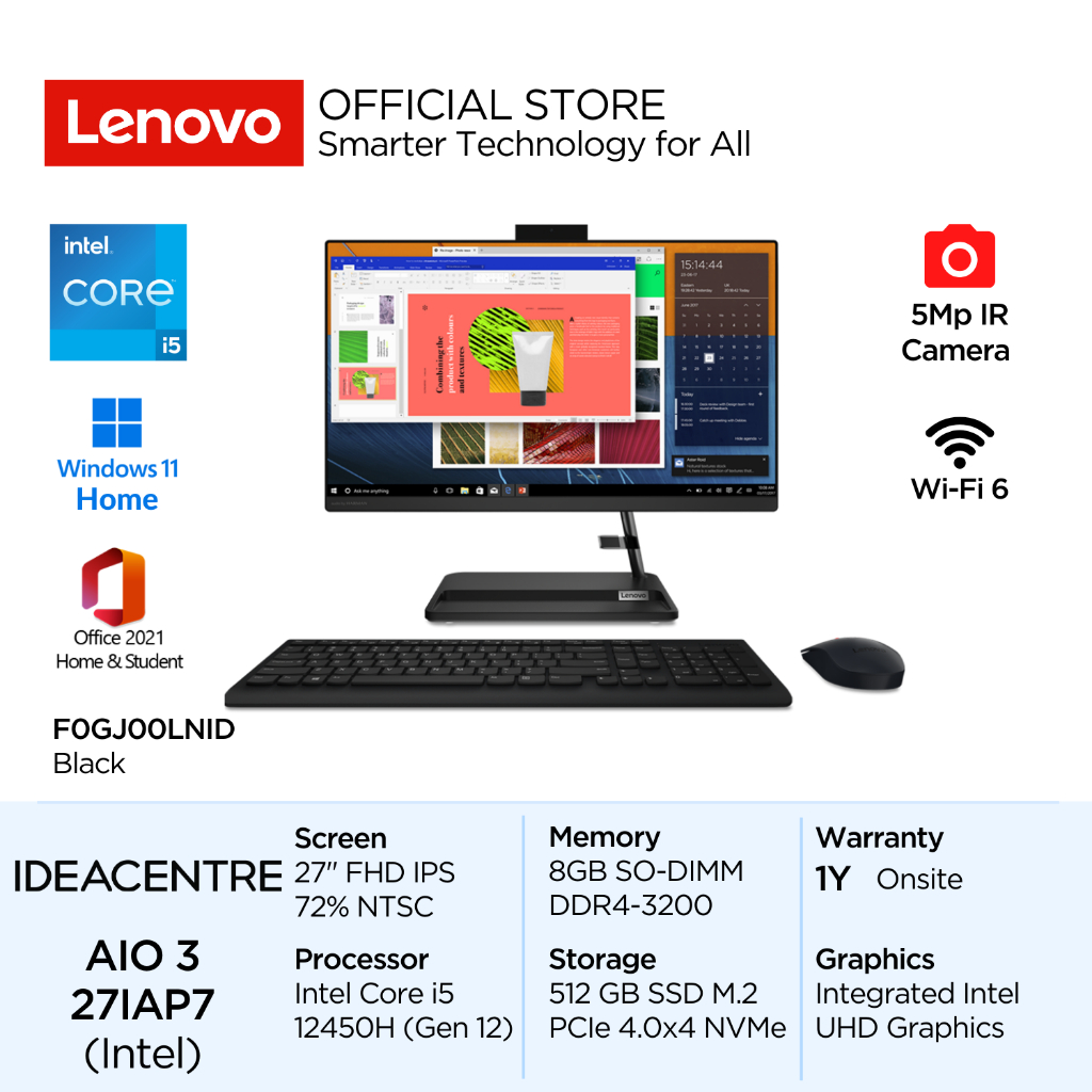 Lenovo PC IdeaCentre AIO 3i 27IAP7 LNID Intel Core i5 12450H Win11 8GB 512GB SSD 27" FHD IPS 250nits