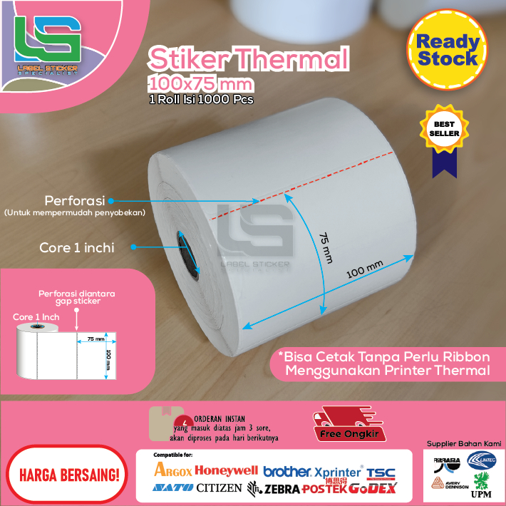 

LABEL STIKER BARCODE 100x75MM DIRECT THERMAL 10X7.5 CM THERMAL 100X75 MM 1000 PCS