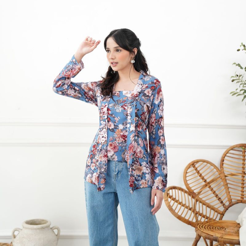 Kebaya Kutubaru Bunga Biru/Kutubaru Kondangan/Kebaya Kutubaru Bunga