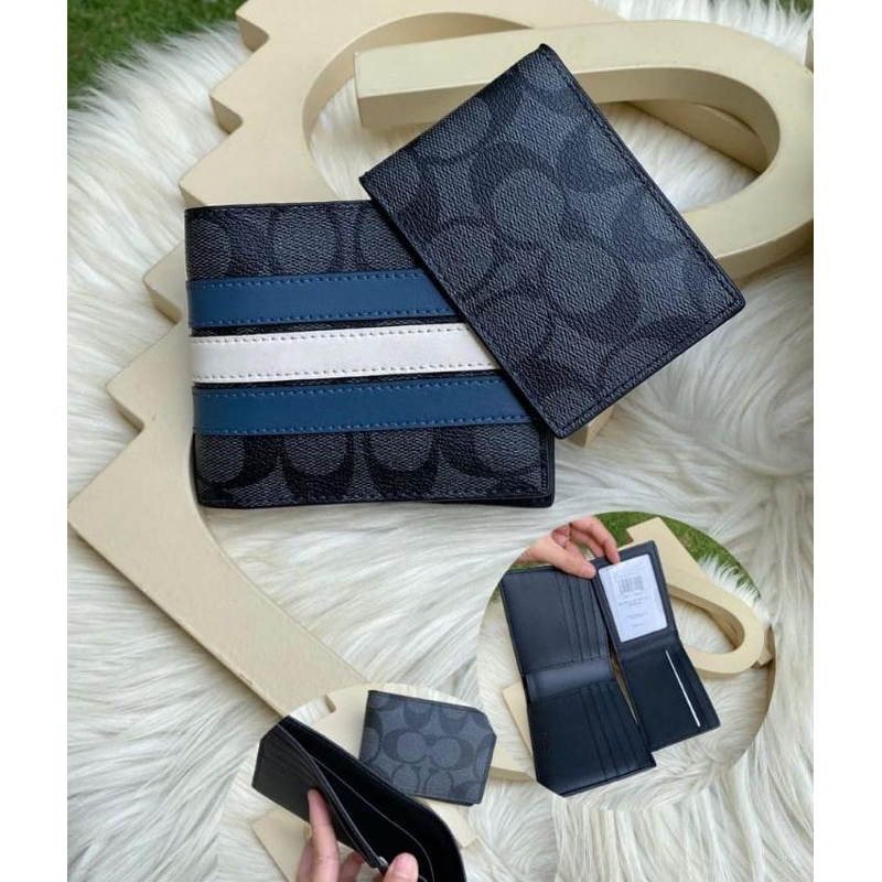 dompet cowok coach men wallet compact ID varsity stripe