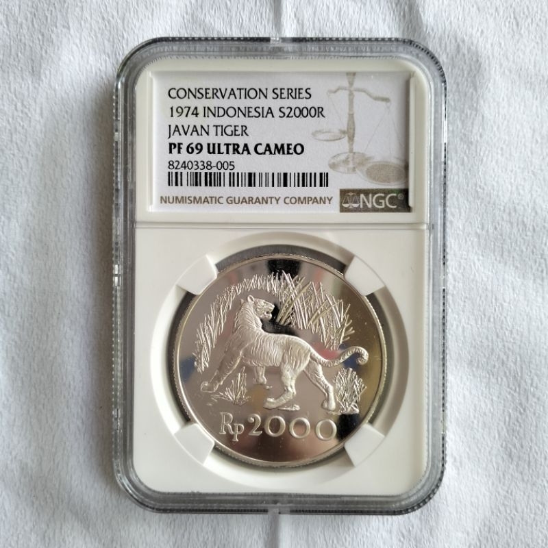 NGC PF 69 Koin Perak 2000 Rupiah 1974 WWF Javan Tiger Macan Silver Coin Indonesia