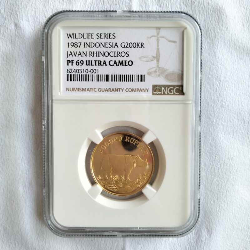 NGC PF 69 Koin Emas 200000 Rupiah 1987 Javan Rhinoceros Badak Gold Coin Indonesia