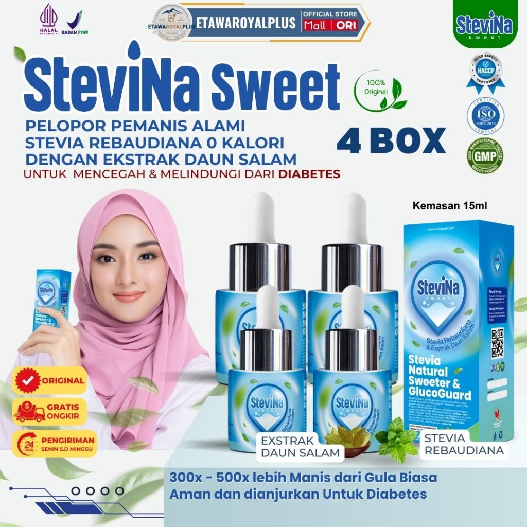 

Stevina Sweet Stevia Alami 0 Kalori Plus Herbal Daun Salam Untuk Sumber Antioksidan Alami 4 Botol 15ml/BOTOL
