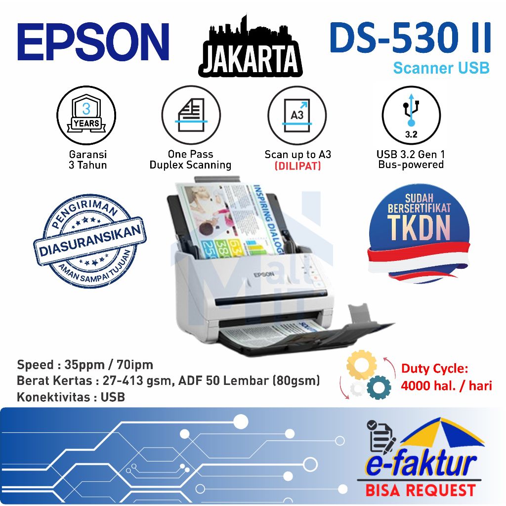 MALLIT EPSON Scanner Epson DS-530II DS-530 II DS530II DS530 II DS 530 II A3 USB Cepat Garansi Resmi 