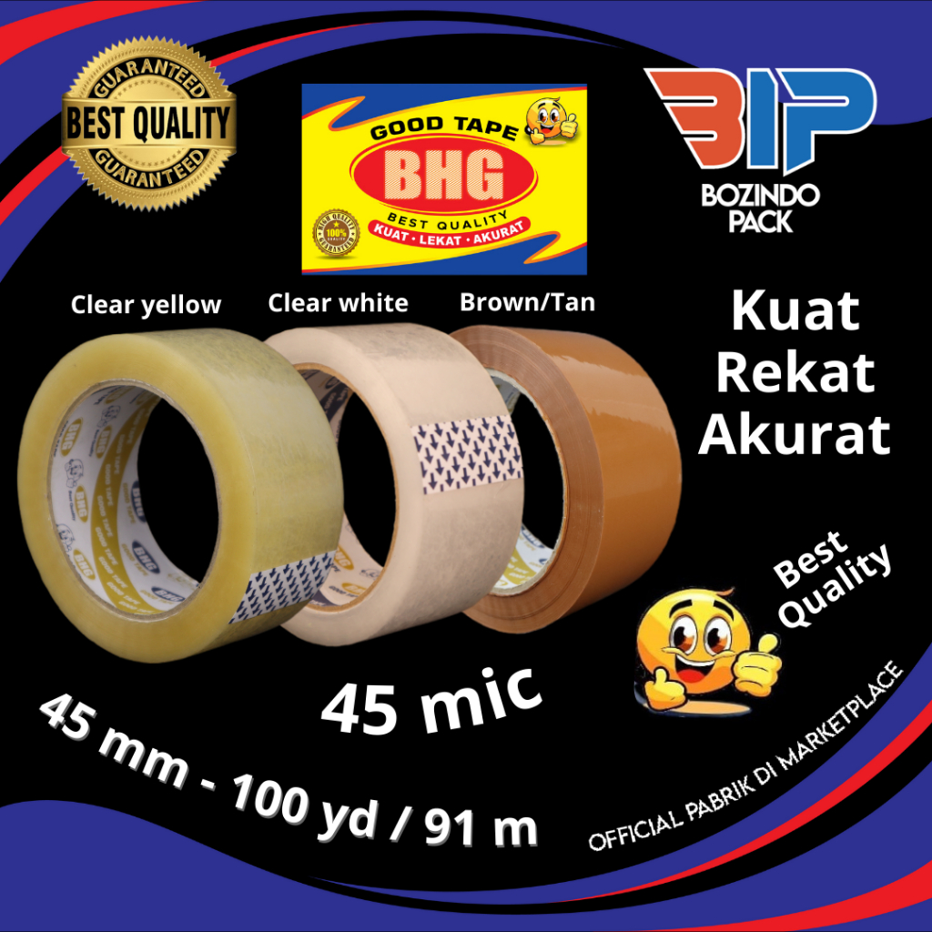 

Lakban BHG Good Tape OPP 100 yard 91 meter 45 Mic 1 Roll 1 Pcs Lakban Bening Clear White Yellow Kuning Coklat Brown Tan 45 mm x 100 Yard 91M FULL