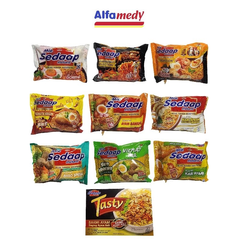 

Mie sedap goreng 90gr,korean spicy, singapore spicy laksa, soto, bakso spesial, kari ayam, kari spesial, ayam bawang, soto madura, sedap tasty