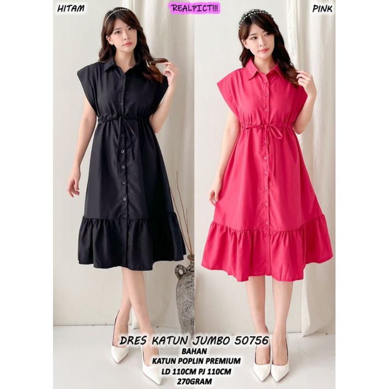 Gaun Katun Jumbo 50756 - Bahan Premium Poplin - Baju, Pendek, Linen, Terusan, Casual, Panjang, Midi,
