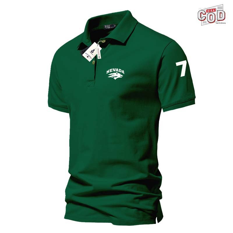 COD T-shrit POLO kerah Nevada Text Logo Kiri + Lengan 7 Putih Kaos Kerah Dewasa Shirt | Kaos Wangki 