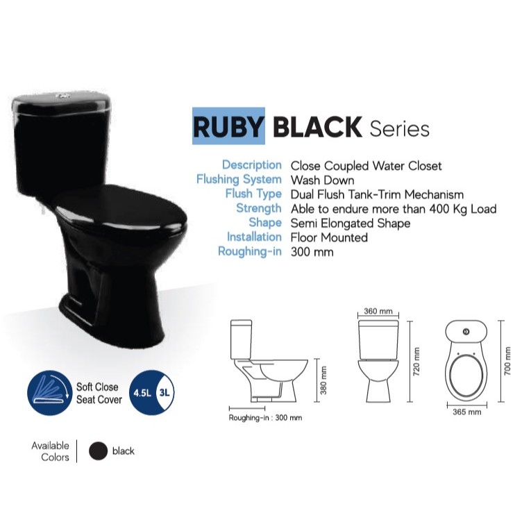 TRILLIUNWARE CLOSET DUDUK RUBY WHITE / BLACK / Kloset Triliun Hitam Putih Duoblok