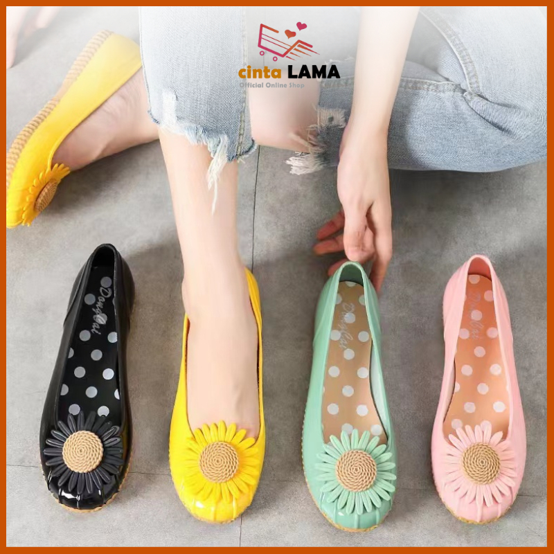 Flat Shoes Sepatu Wanita Karet Lucu Korea Style Kekinian Motif Bunga Casual Slip On Women Import SPT