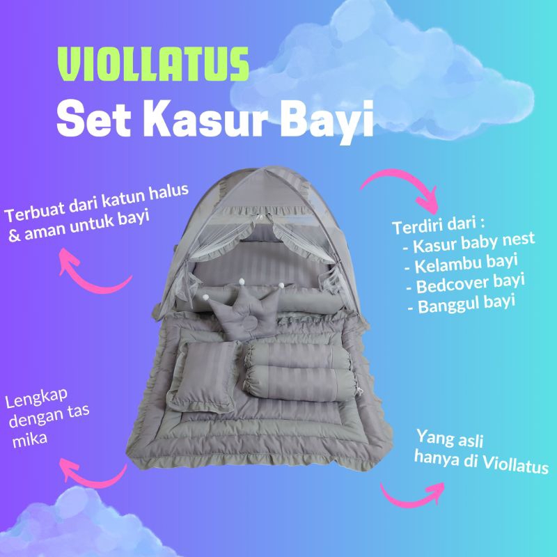 kasur bayi kelambu dan set bedcover bayi line dan polos abu abu