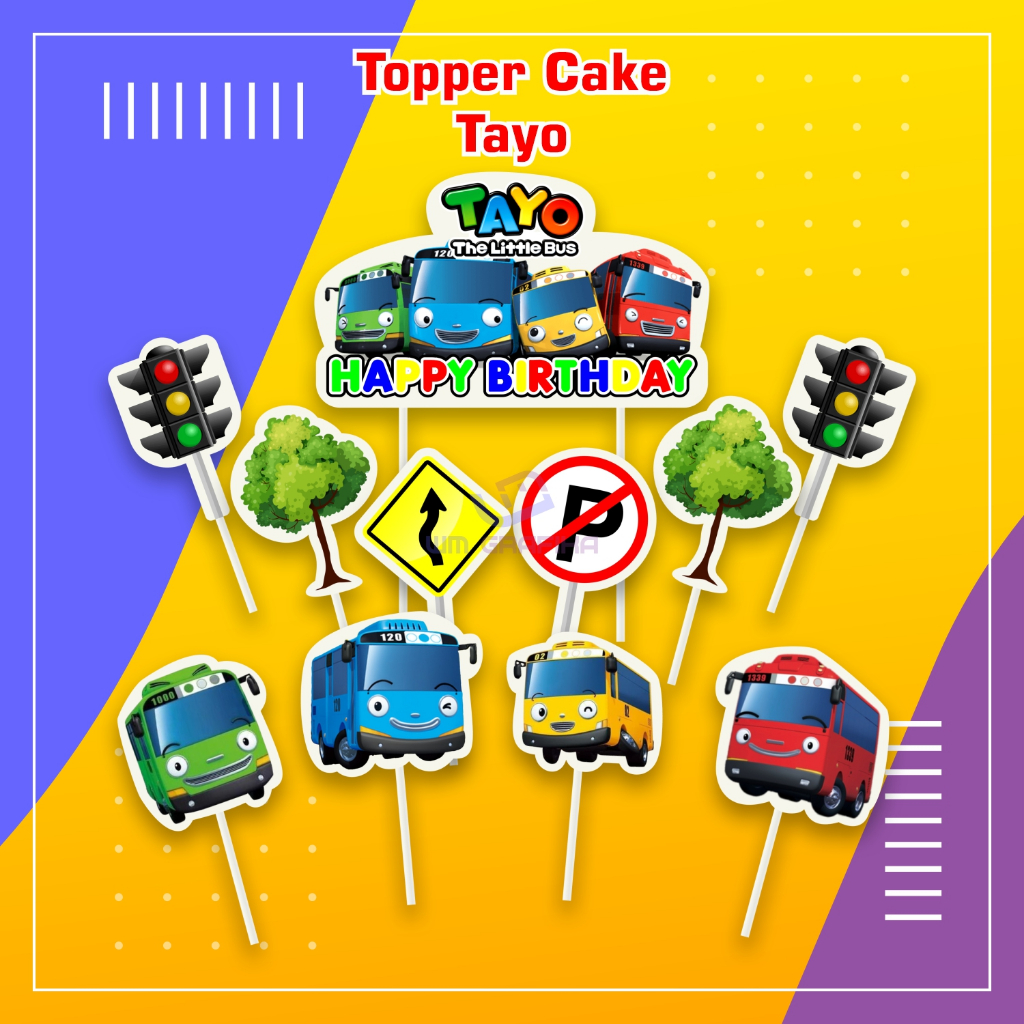 Topper Cake 1 Set Karakter Tayo Happy Birthday Hiasan Kue Ulang Tahun Ultah Custom Nama Foto