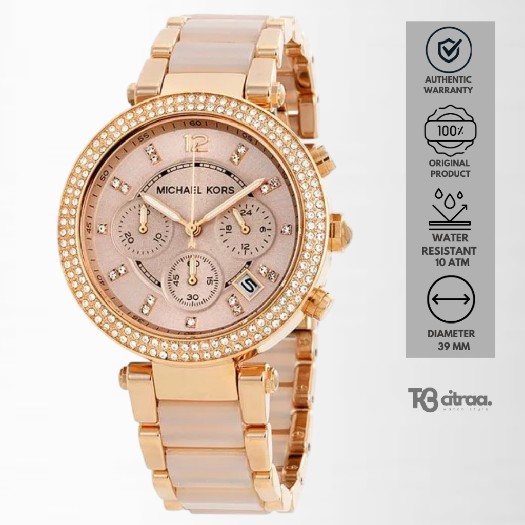 Jam Tangan Wanita Michael Kors Parker Chronograph Blush Dial Rose Gold Stainless Steel Strap Mewah O