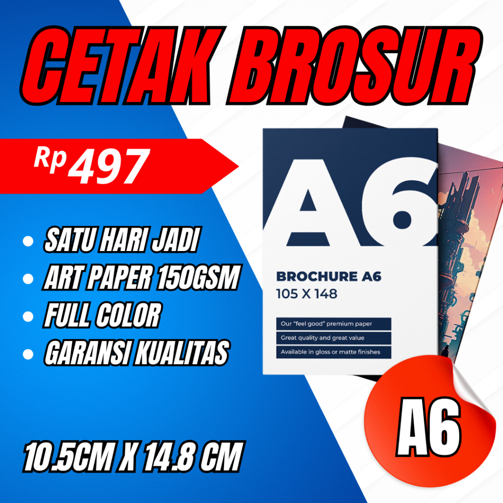 

cetak brosur ukuran A6 10.5cm x 14.8cm 1 sisi | 2 sisi high quality