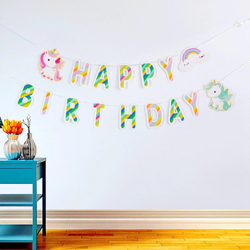 Bunting flag tulisan happy birthday karakter unicorn kuda tanduk bertanduk terbang pegasus banner ba