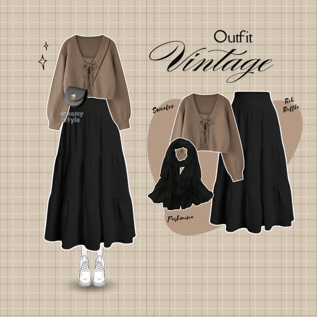 Diana One Set Korean OOTD One Set Korean Hijab Casual (Hijab,Sweater,Rok) Outfit Vintage - DR32