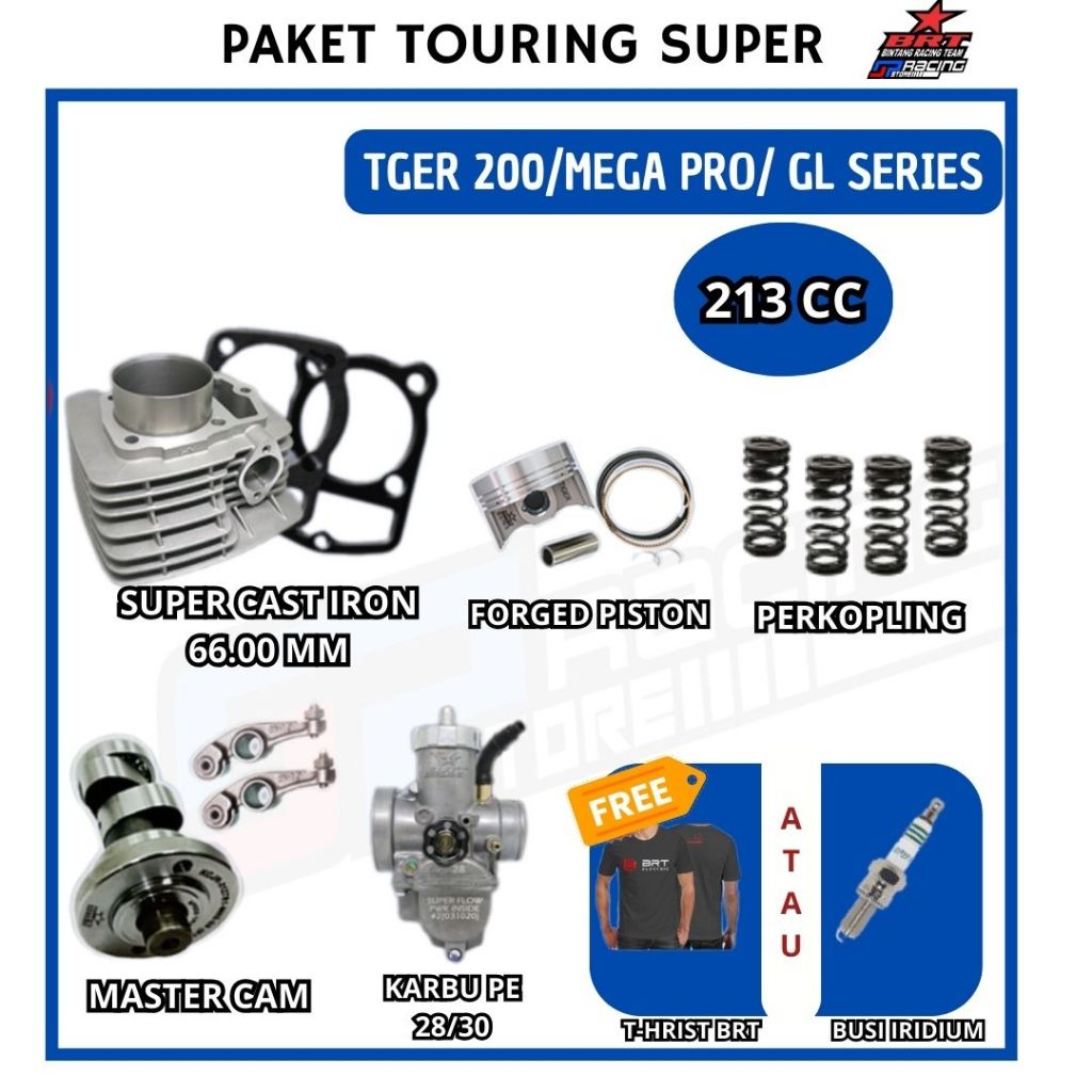 Paket Bore Up Tiger 200/Mega Pro Primus/GL -Blok-Piston-Karbu-Cam-Per Kopling-BRT Paket Touring 7