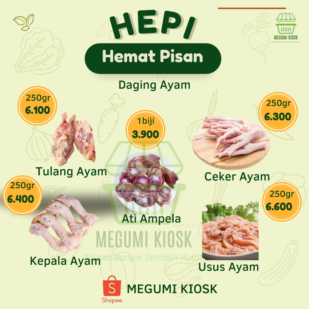 

MEGUMI KIOSK Hemat Pisan Ati ampela Ceker Kepala Usus Tulang Ayam