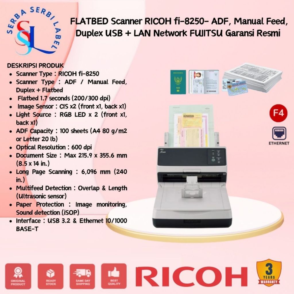FLATBED Scanner RICOH fi-8250- ADF, Manual Feed, Duplex USB + LAN Network fi8250