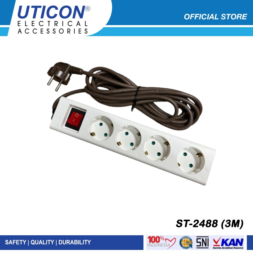 Uticon ST-2488 Stop Kontak 4 Lubang + Saklar + Kabel 3M Putih