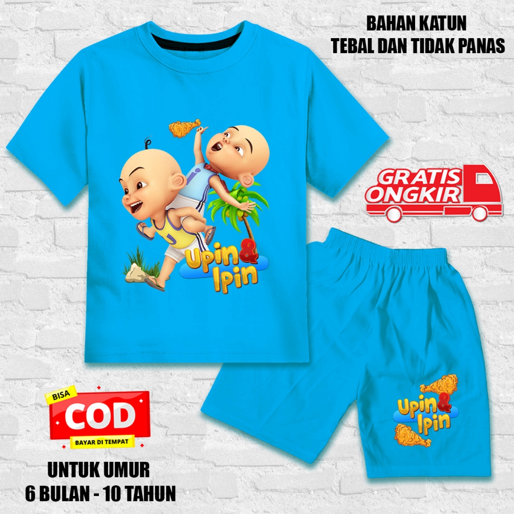Setelan lengan pendek anak laki laki perempuan set kaos anak katun dtf upin ipin ayam goreng