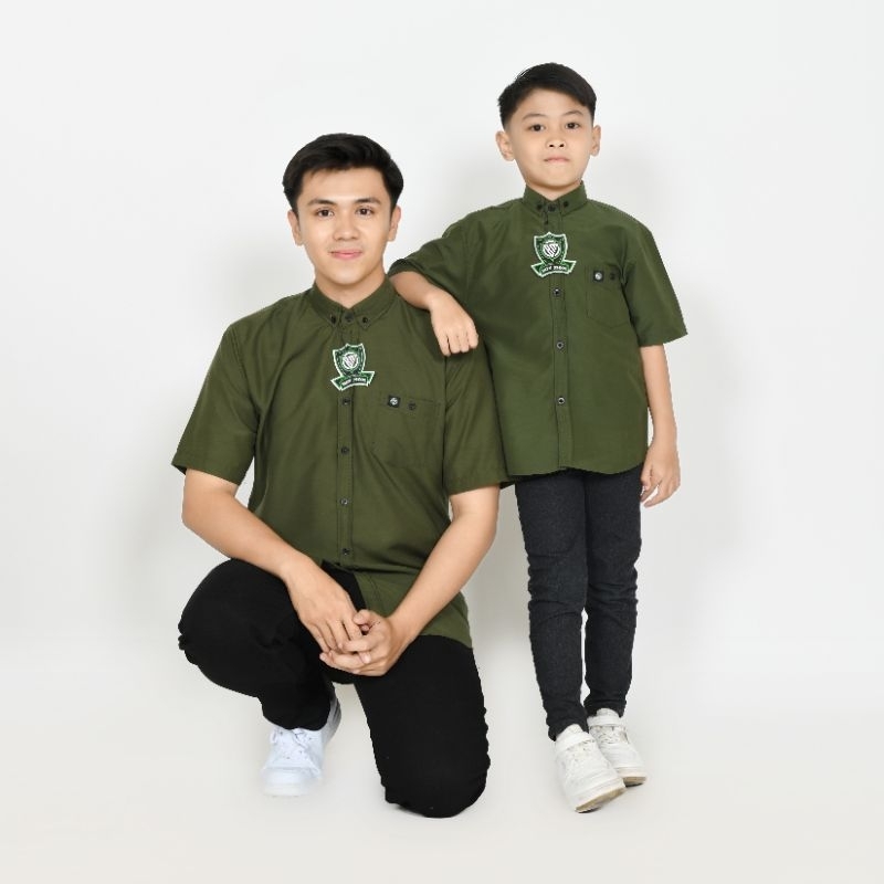 BOY MOM Hijau Army Pendek Poplin Kemeja Polos Couple Ayah Dan Anak Warna Hijau Army Lengan Pendek Ka