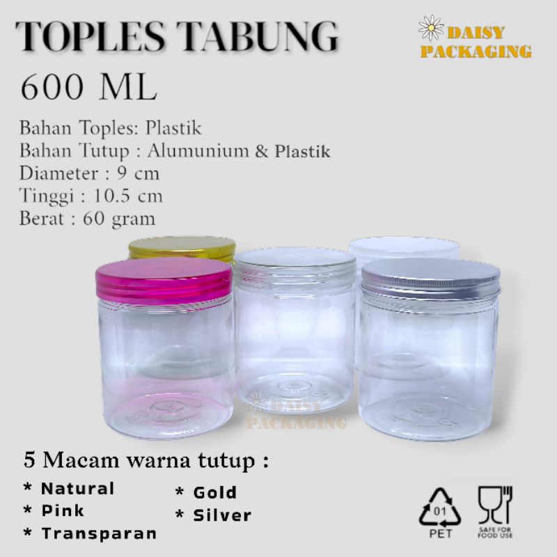 Toples  Plastik Tabung 600mL / Toples 600 mL Plastik Tabung Tutup Alumunium dan Plastik