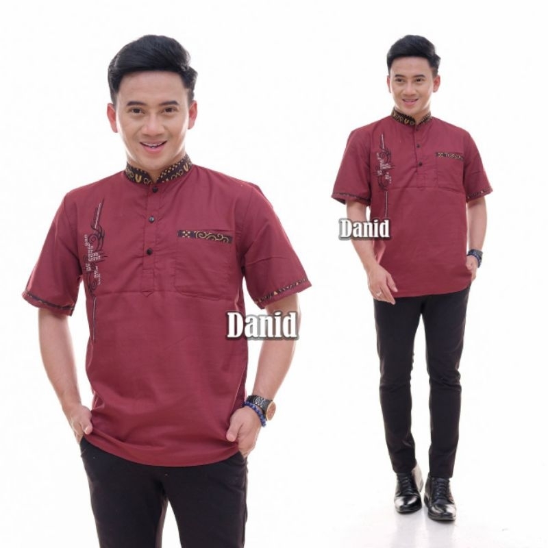 Baju Koko Pria Lengan Pendek Motif Shaka Warna Merah Marun