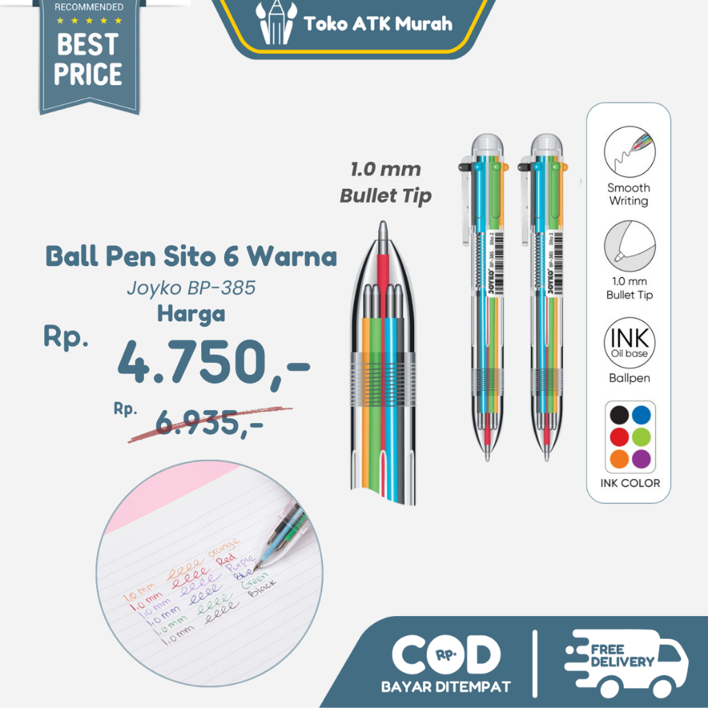 

Pulpen Pena Joyko BP-385 Ball Pen Sito II 0.7 mm 6 Warna Colors