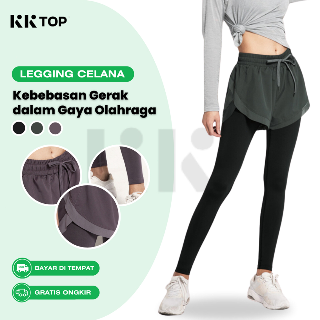 KKTOP Legging Celana 2 in 1 Olahraga Wanita High Waist Polos Gym Bersepeda Yoga Sport (C005)