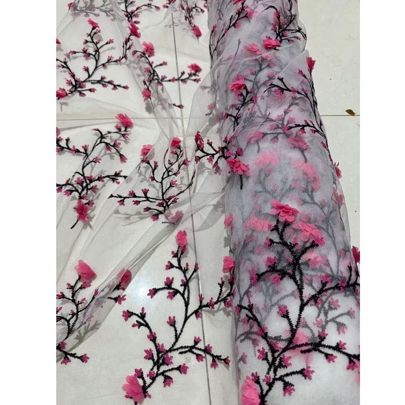 Bahan kain Tile Organza Bunga bordir 3D Kain tile Bunga bordir 3d