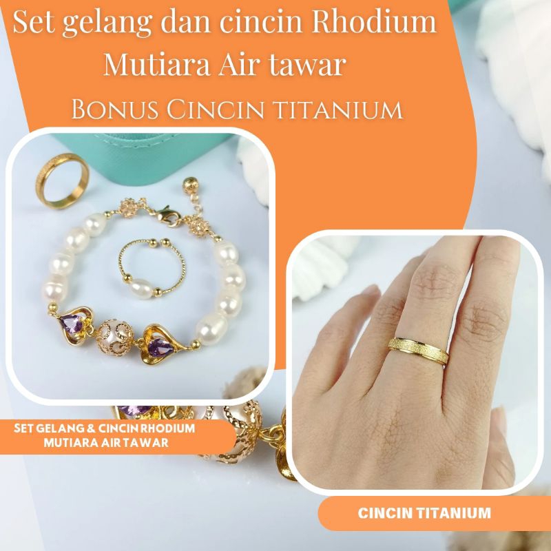 Rumy Pearl Set Gelang full mutiara mainan kristal love + cincin rhodium mutiara air tawar