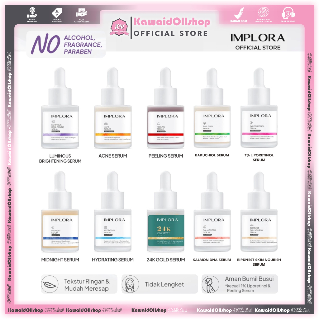 Implora Serum Wajah Series 20ML /Acne/Brightening/Hydrating/Peeling/Retinol/Salmon DNA/Luminous
