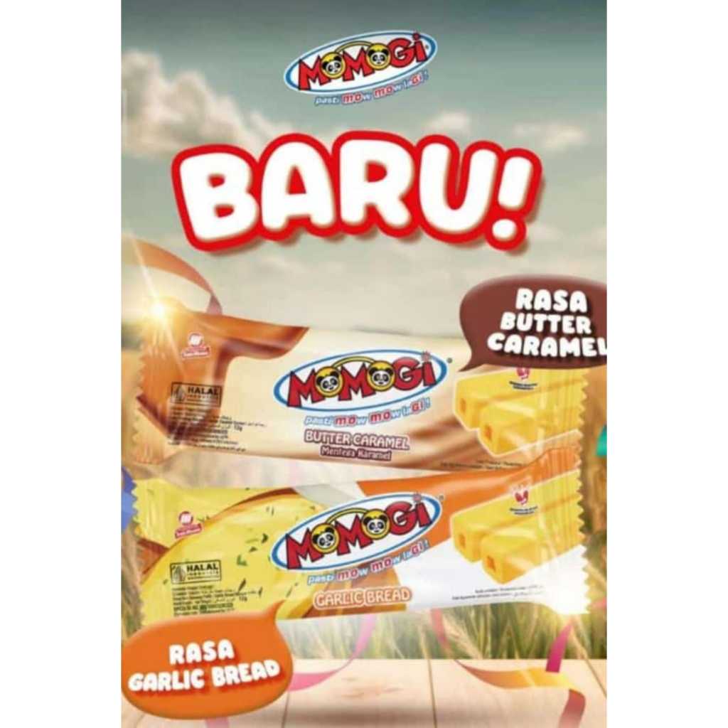 

MOMOGI Stick Snack Rasa BUTTER CARAMEL / GARLIC BREAD Makanan Ringan (1 box isi 10 pcs @12 gram)