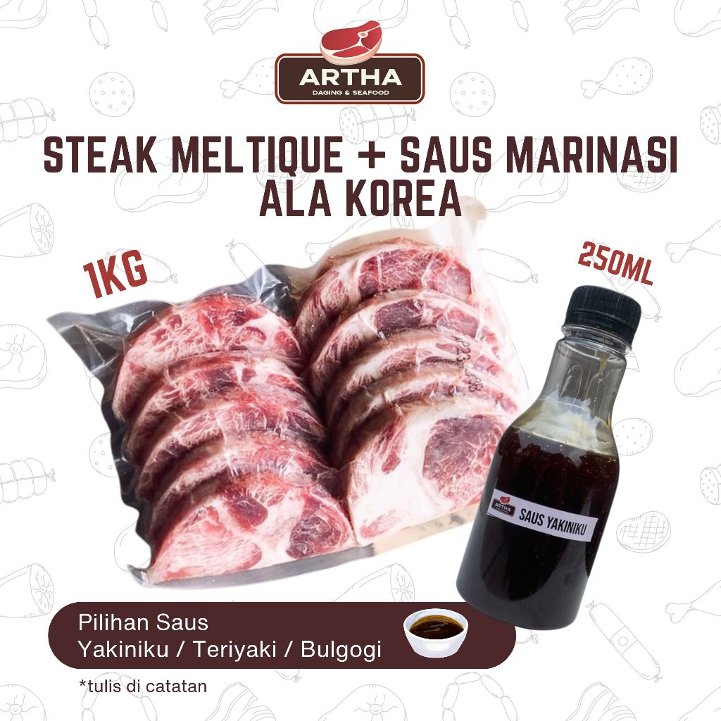 

Daging Steak Wagyu / Mess Meltique / 1Kg isi 10 & Saus Marinasi Ala Korea 250ml (Yakiniku, Teriyaki, Bulgogi)