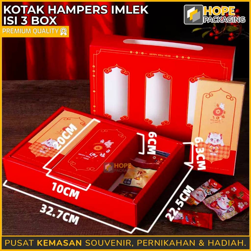 

Kotak Hampers Imlek Isi 3 Box / Box Souvenir Kue Imlek / Dus kue Cookies / Kotak Cookies / Permen / Coklat / Dus Chinnese New Year