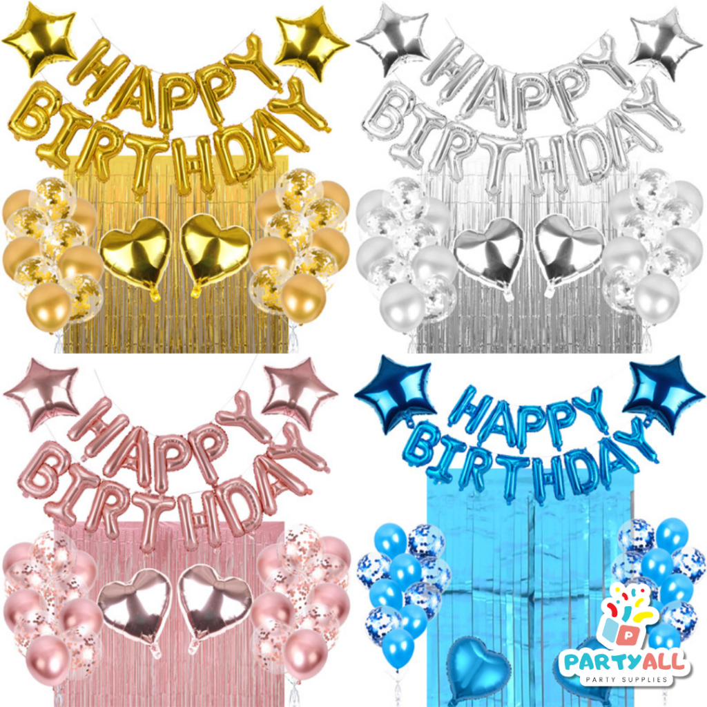 [PAKET DEKORASI] Dekorasi Pesta Ulang Tahun Warna Emas, Silver, Biru, dan Pink - PartyAll