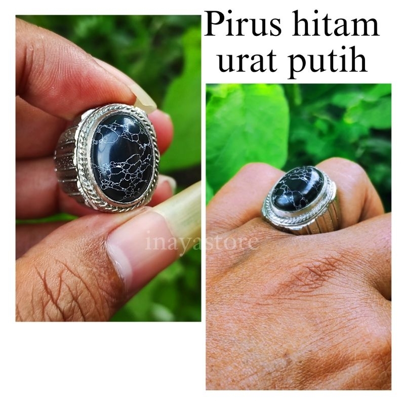 Cincin batu pirus hitam urat putih ceplok kuro / pirus biru / persia / hubai cincin pria