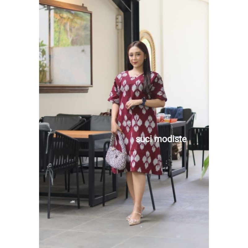 ROSA DRESS - Dress Tenun Midi Kasual Modern Motif Bunga Baju Wanita Panjang Selutut A line buat kerj
