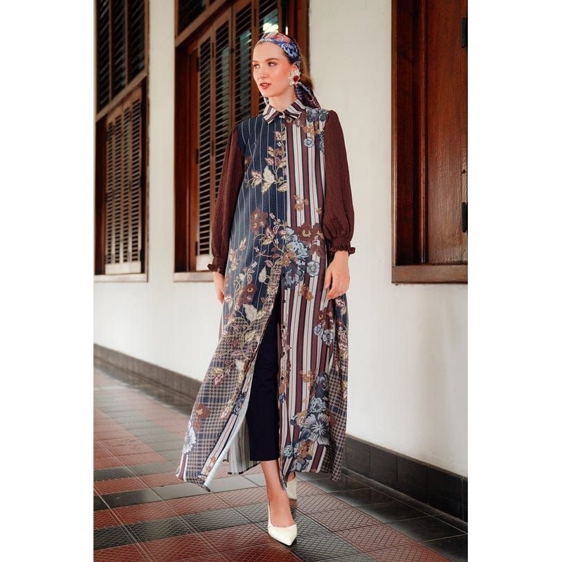 Benang Jarum - Amona Mix Fabric Dress - Maroon - S ( PL )