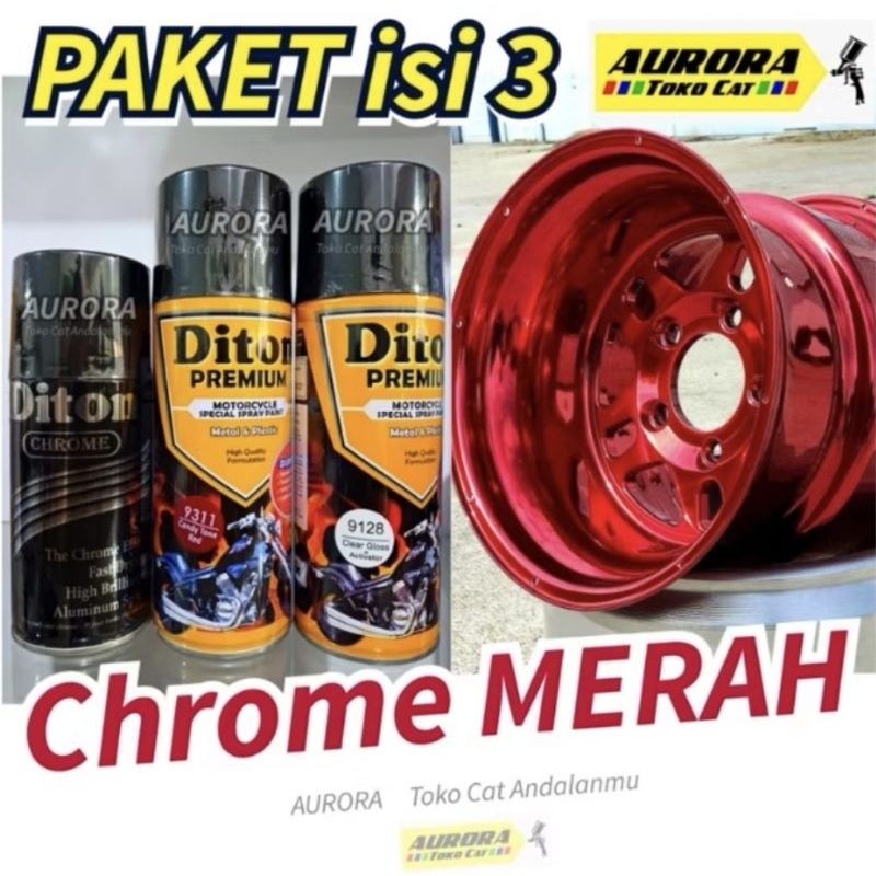 PAKET DITON PREMIUM RED CHROME MERAH KROM isi 3 | Mengkilap Efek Kaca Cat Semprot Sepeda Motor mobil